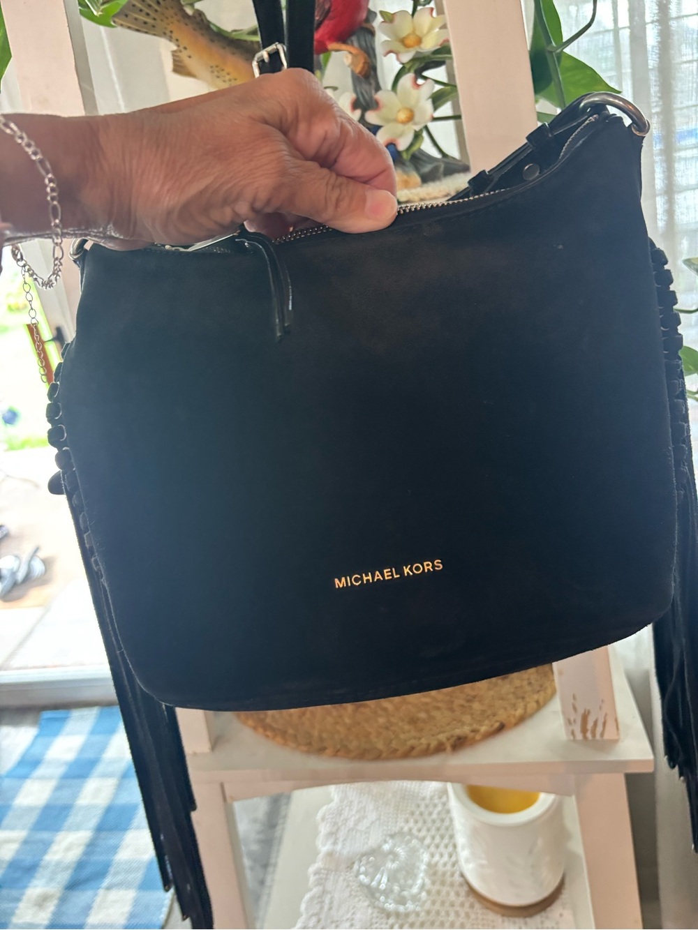 Michael Kors Black Suede Crossbody with Gold Logo